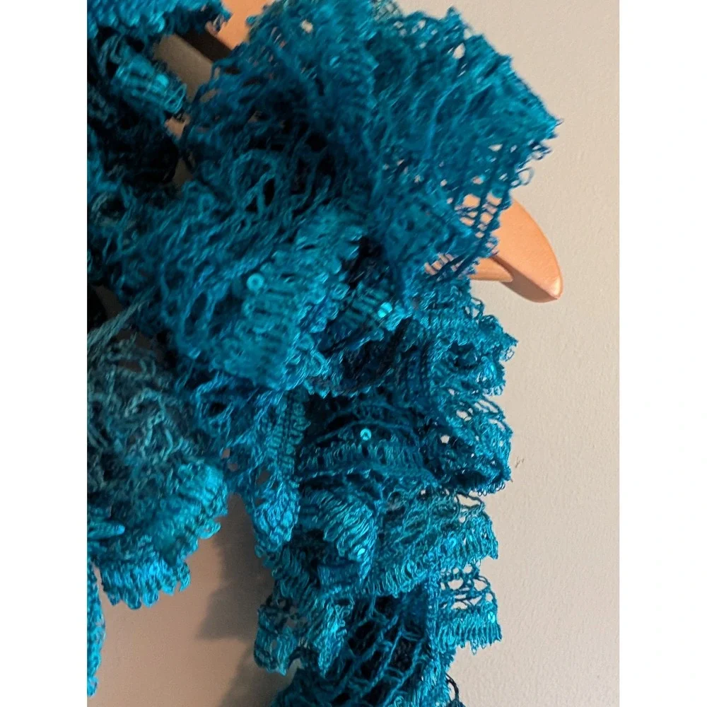 Vintage Y2K Teal Blue Ruffle Crochet Scarf Sequin Knit Curly Boho Accessory